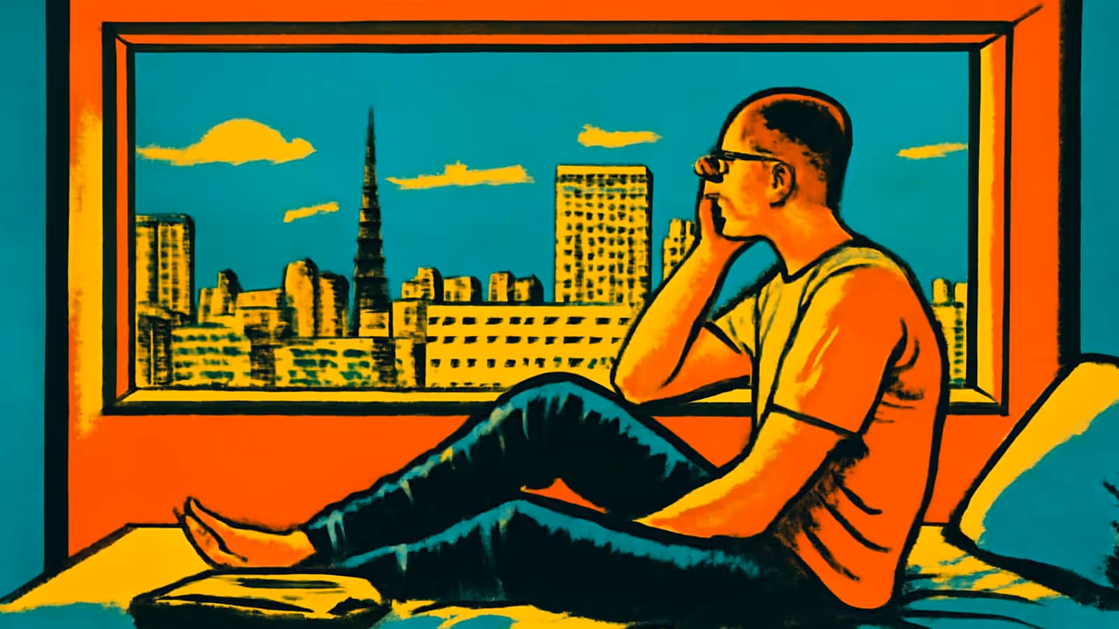 Pop-art illustration of a bald man with glasses in an orange top and dark trousers, sitting on a bed with one hand raised to his mouth and looking out of a large window at a city skyline.