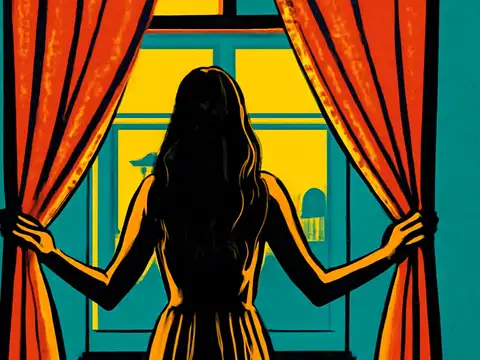 Pop-art illustration of a woman standing at a tall window.