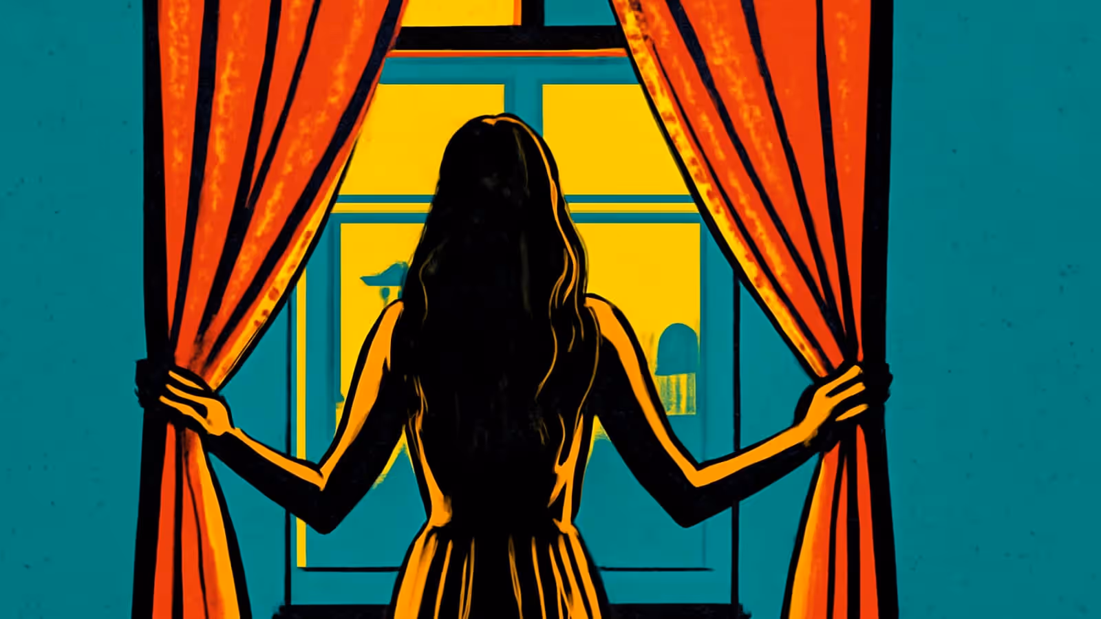 Pop-art illustration of a woman standing at a tall window.
