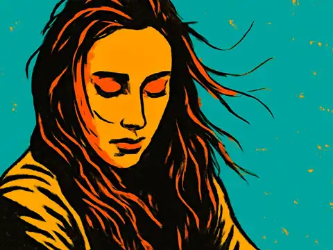 Pop-art illustration of a person with long dark hair and lowered eyes, seen close up against a flat teal background.