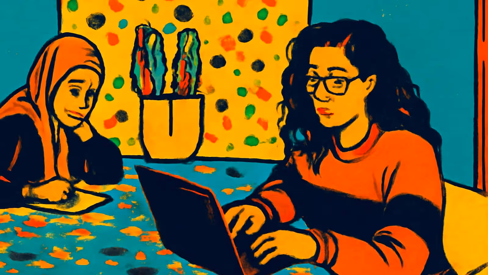Pop-Art-Illustration von zwei Frauen an einem Tisch vor einem gepunkteten gelben Hintergrund: Eine trägt ein orangefarbenes Kopftuch und stützt ihr Kinn auf ihre Hand über ein Blatt Papier, und die andere, mit langen dunklen welligen Haaren und Brille, tippt auf einem Laptop.
