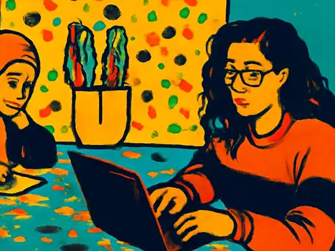 Pop-art illustration of two women at a table with a spotted yellow backdrop: one wearing an orange headscarf rests her chin on her hand over a sheet of paper, and the other, with long dark wavy hair and glasses, types on a laptop.