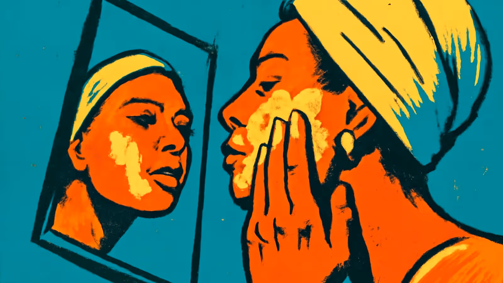 A person with a towel wrapped around their head applies white lather to one cheek in front of a small propped mirror, their reflection visible in it, rendered as a flat orange, teal and yellow illustration.