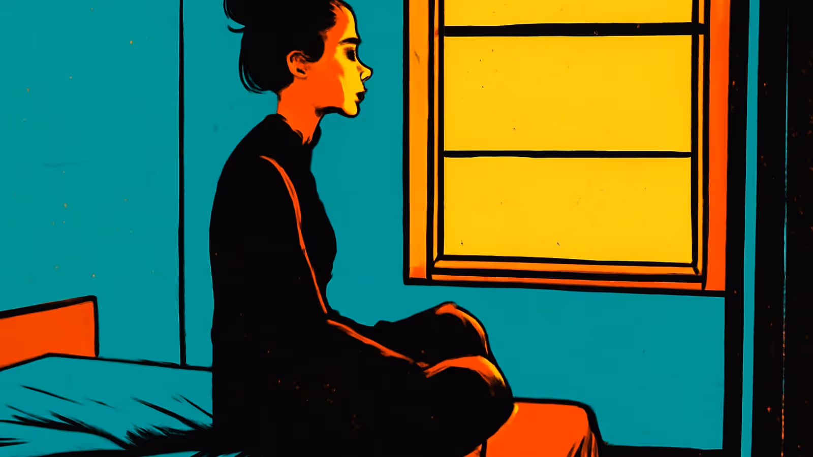 Pop-art illustration of a woman sitting cross-legged on the edge of a bed, looking towards a bright window.