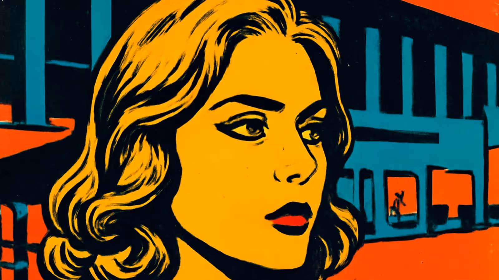 A close portrait of a person with wavy hair looking away to one side, a street of buildings behind them, rendered as a flat yellow, orange and teal illustration.