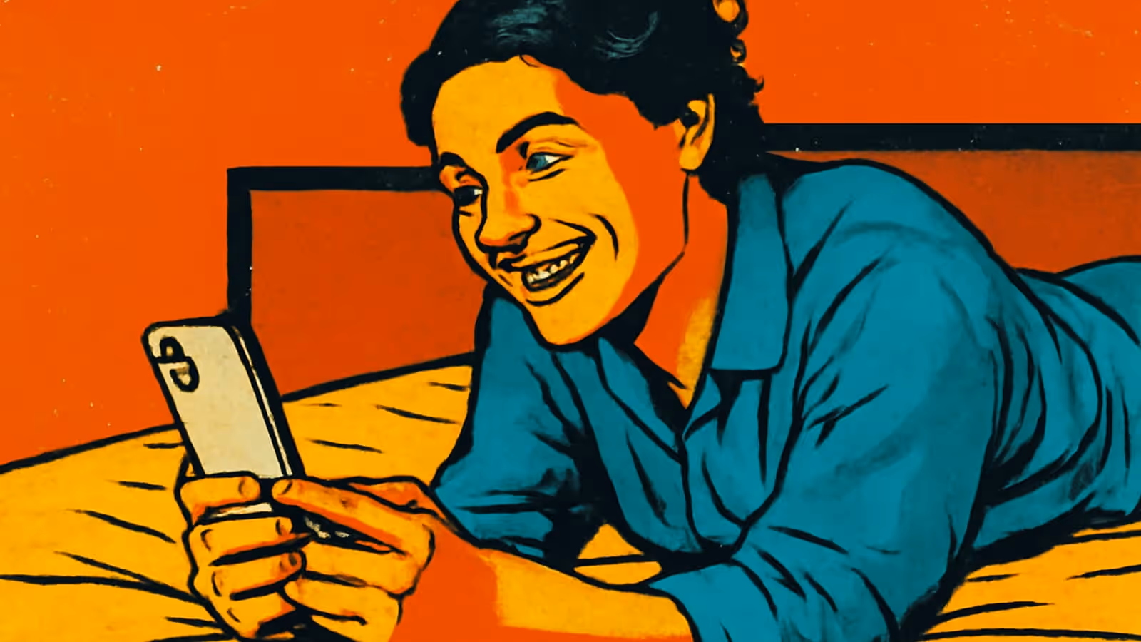 Pop-art illustration of a person lying on a bed, smiling at a phone held in both hands.