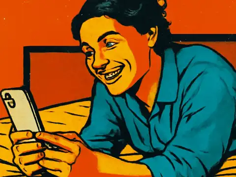 Pop-art illustration of a person lying on a bed, smiling at a phone held in both hands.