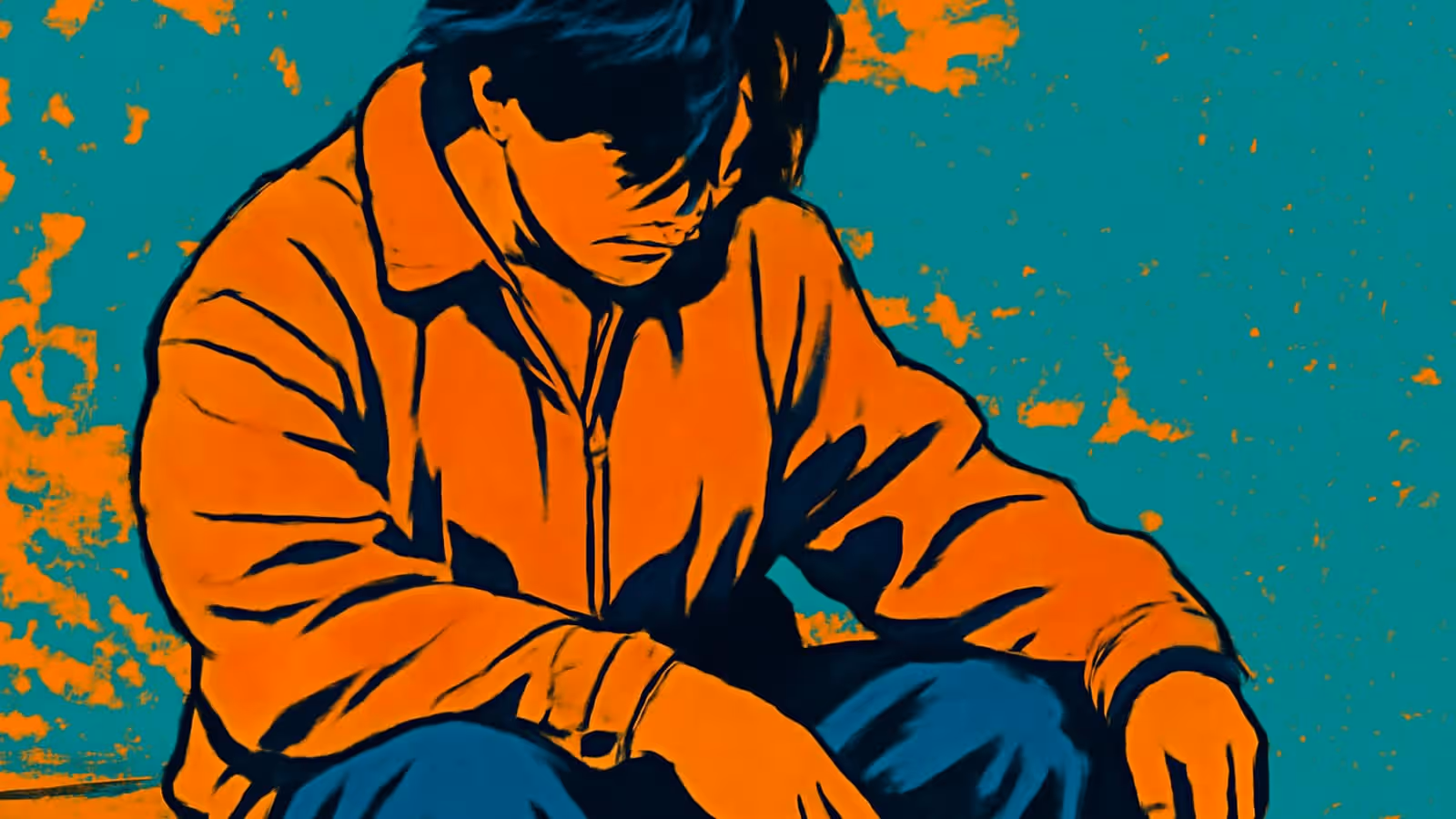 Pop-art illustration of a person in a jacket sitting with their head lowered and arms resting on their knees.