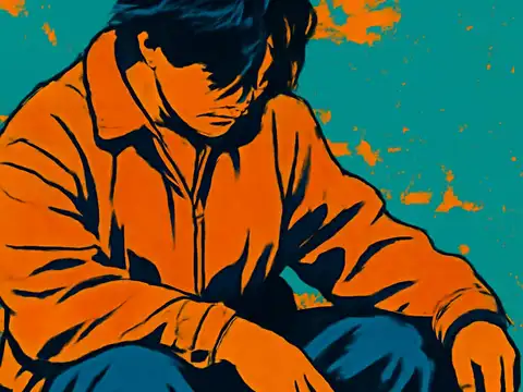 Pop-art illustration of a person in a jacket sitting with their head lowered and arms resting on their knees.