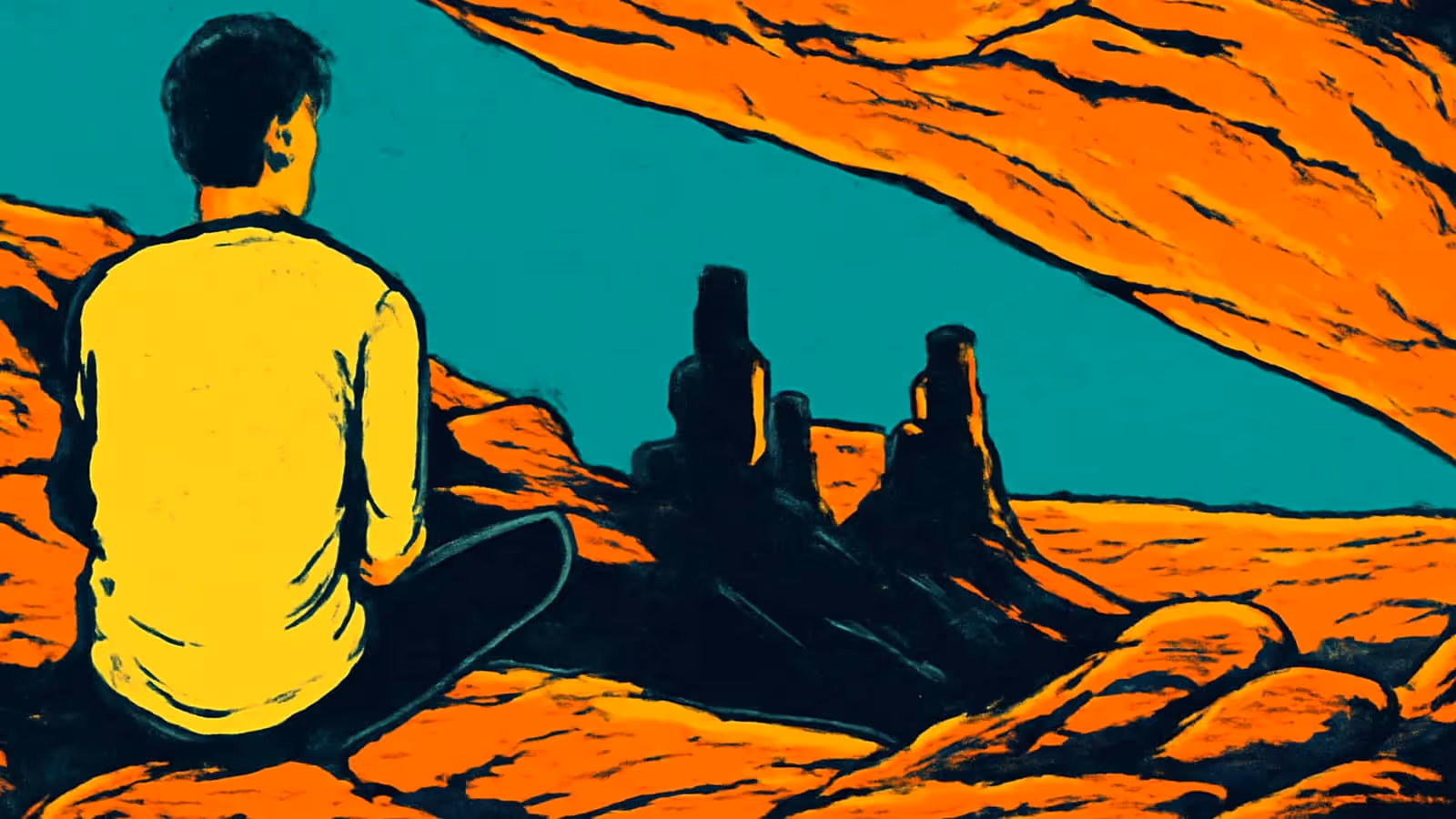 Pop-art illustration of a man seen from behind, sitting on a rock ledge looking out over a canyon under a teal sky.