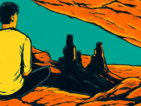 Pop-art illustration of a man seen from behind, sitting on a rock ledge looking out over a canyon under a teal sky.