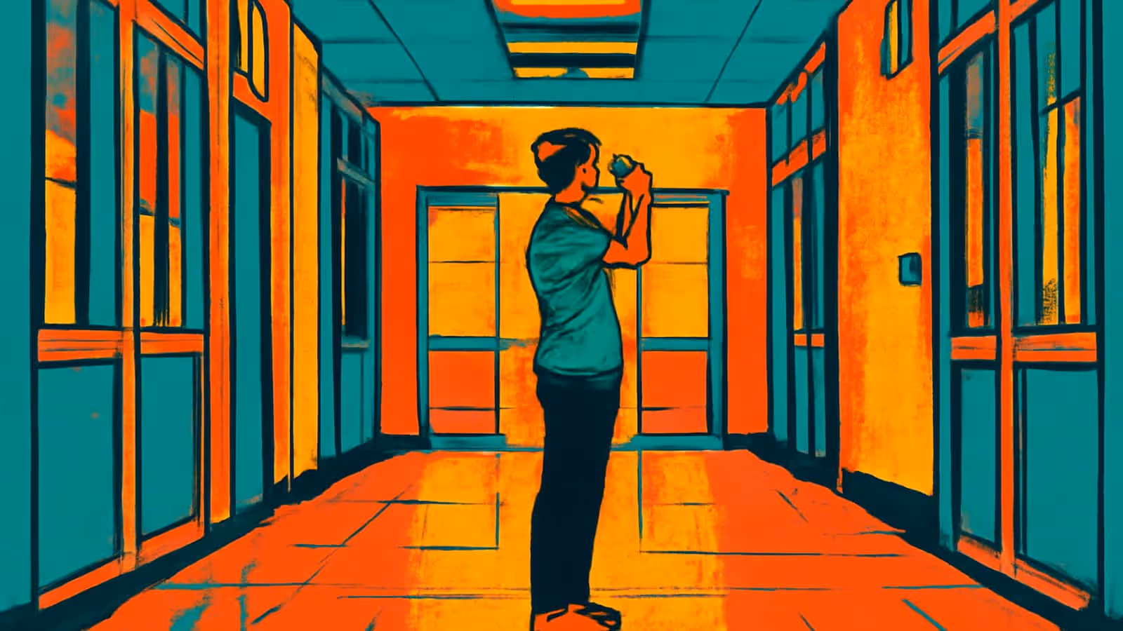 Pop-art illustration of a young person standing alone in the middle of an empty school corridor, looking at a phone held up to their face.