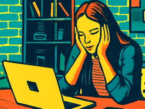 Pop-art illustration of an exhausted woman at an office desk.