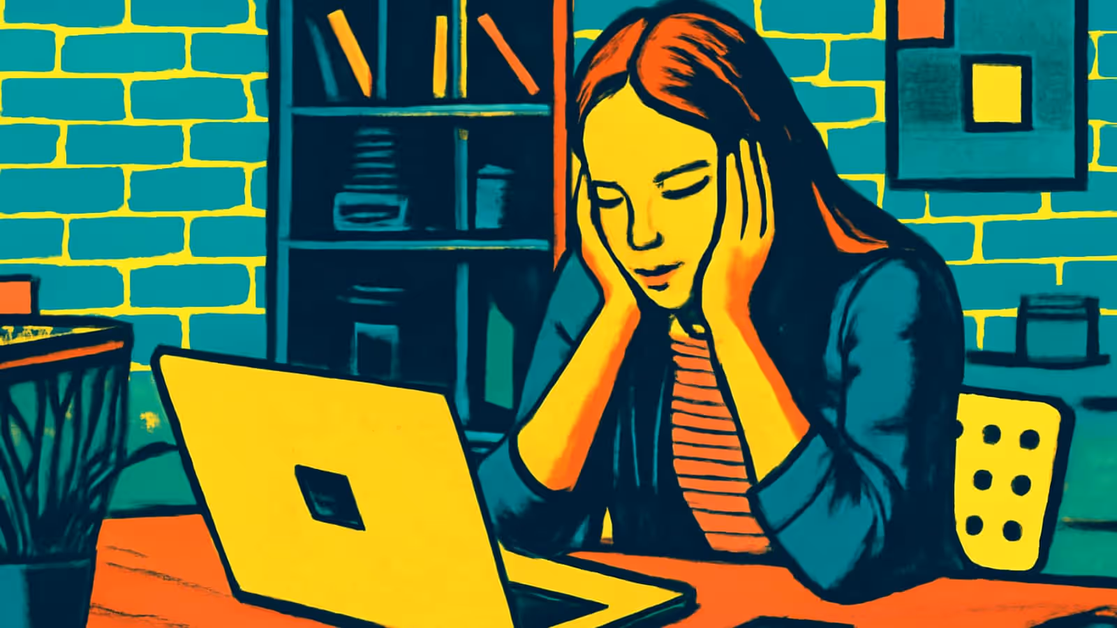 Pop-art illustration of an exhausted woman at an office desk.