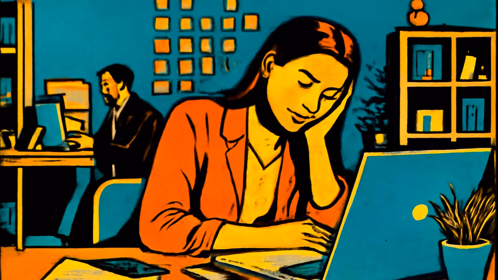 Pop-art illustration of a person in an orange jacket resting their head on one hand at a desk beside an open laptop, with a colleague working at a desk behind them.