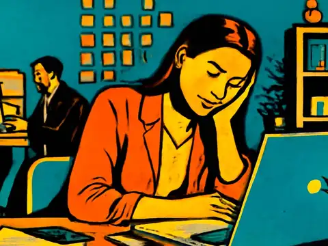 Pop-art illustration of a person in an orange jacket resting their head on one hand at a desk beside an open laptop, with a colleague working at a desk behind them.