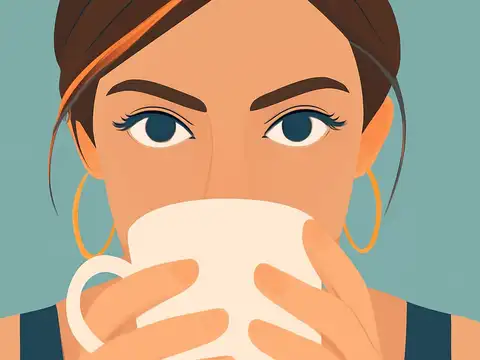 Flat vector illustration of a woman with brown hair pinned up and gold hoop earrings, looking straight ahead with wide eyes over the rim of a cream coffee cup held in both hands, against a muted teal background.
