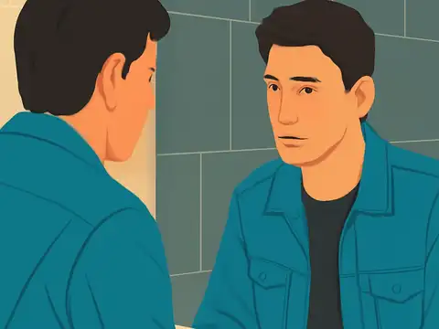 Illustrated scene of a man looking at his own reflection in a bathroom mirror.