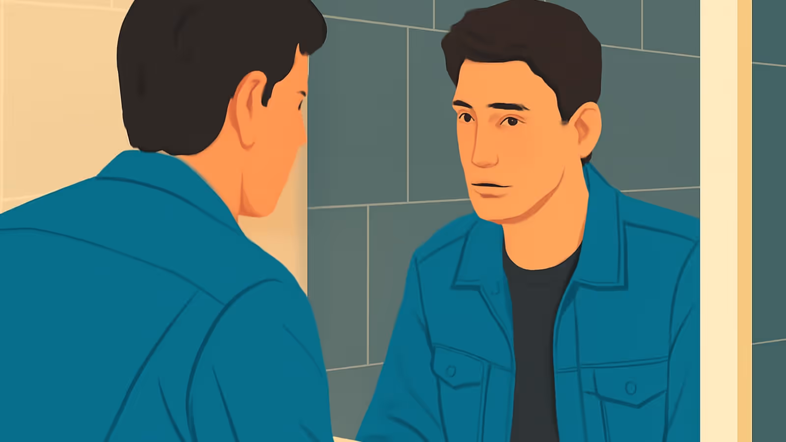 Illustrated scene of a man looking at his own reflection in a bathroom mirror.