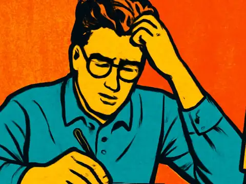 Pop-art illustration of a person at a desk in a collared shirt and glasses, one hand pushed back through their hair, eyes down on the paper they are writing on.