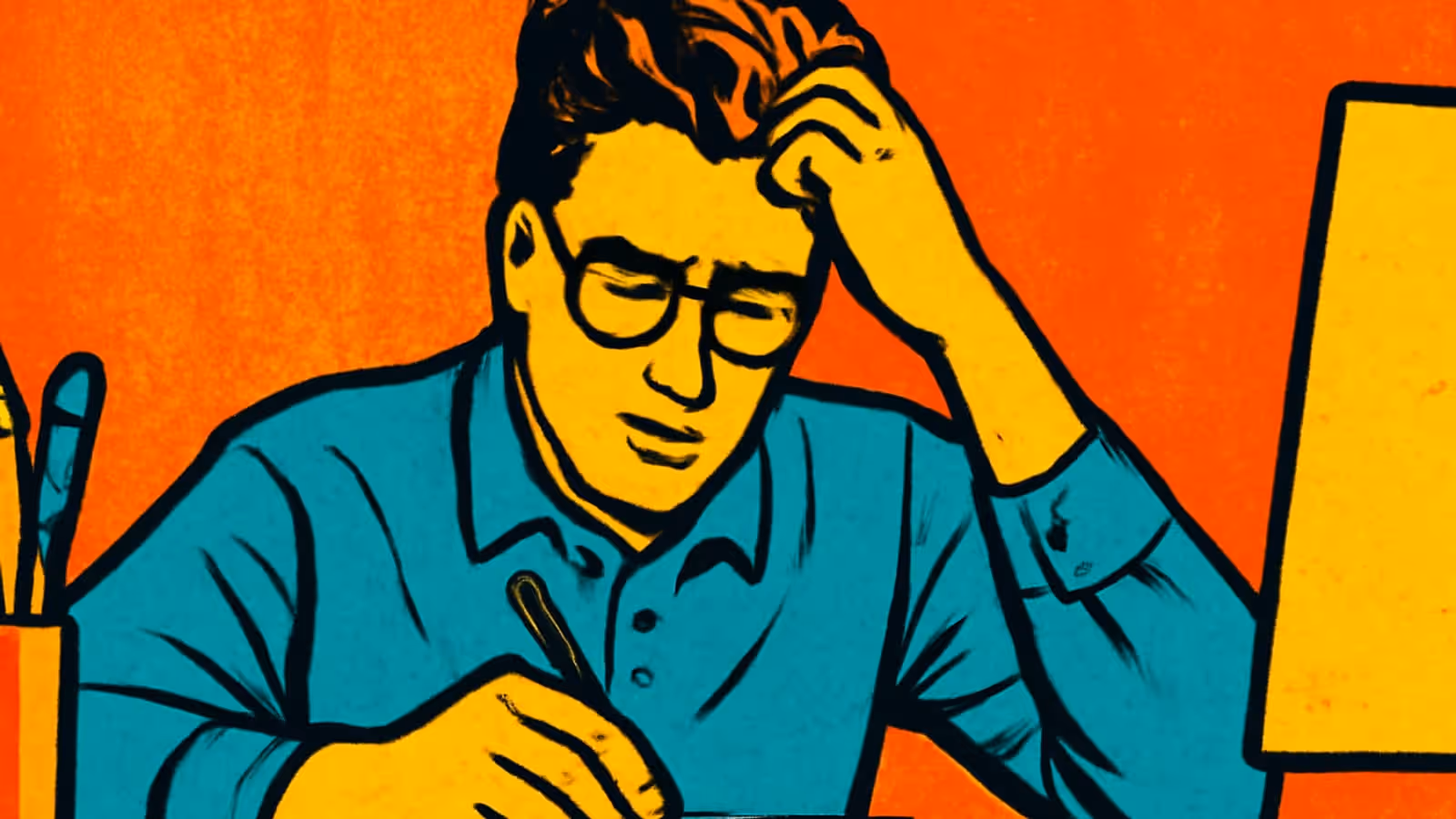 Pop-art illustration of a person at a desk in a collared shirt and glasses, one hand pushed back through their hair, eyes down on the paper they are writing on.