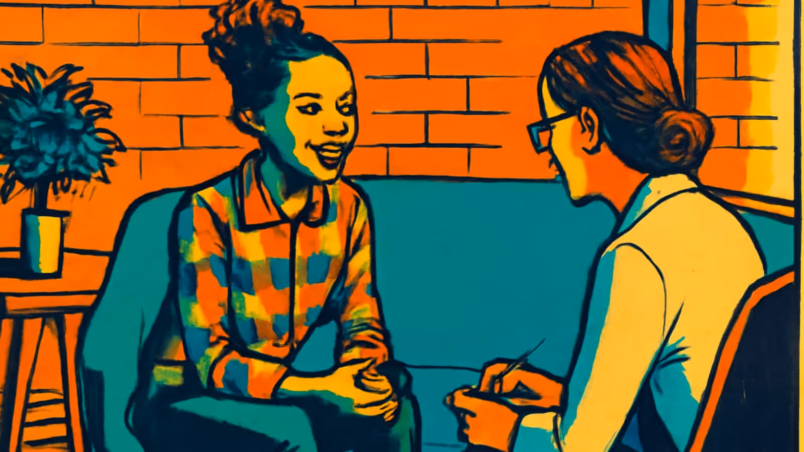 Pop-art illustration of two women in a room with an orange brick wall: one in a checked shirt smiles as she speaks, and the other, with glasses and her hair in a bun, holds a pen and faces her.