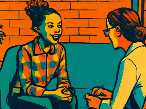Pop-art illustration of two women in a room with an orange brick wall: one in a checked shirt smiles as she speaks, and the other, with glasses and her hair in a bun, holds a pen and faces her.