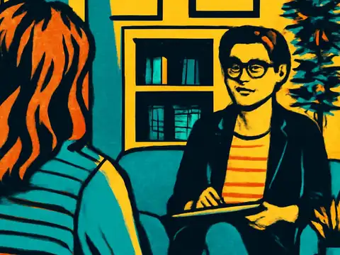 Pop-art illustration of two people seated facing each other in a room with shelves, one holding a notepad on their lap, the other seen from behind.