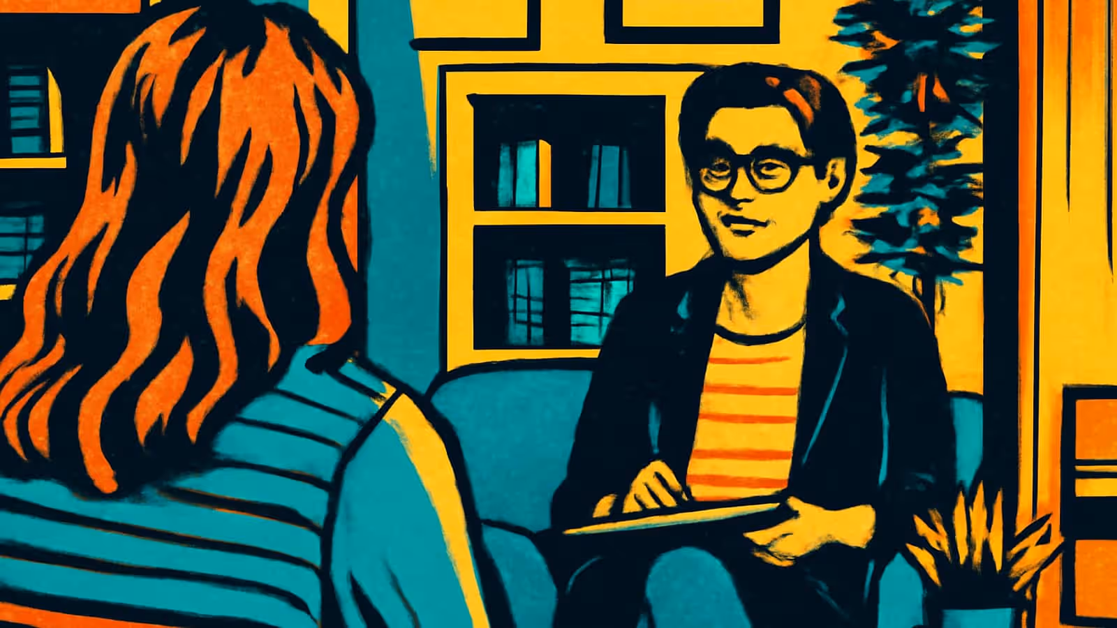 Pop-art illustration of two people seated facing each other in a room with shelves, one holding a notepad on their lap, the other seen from behind.