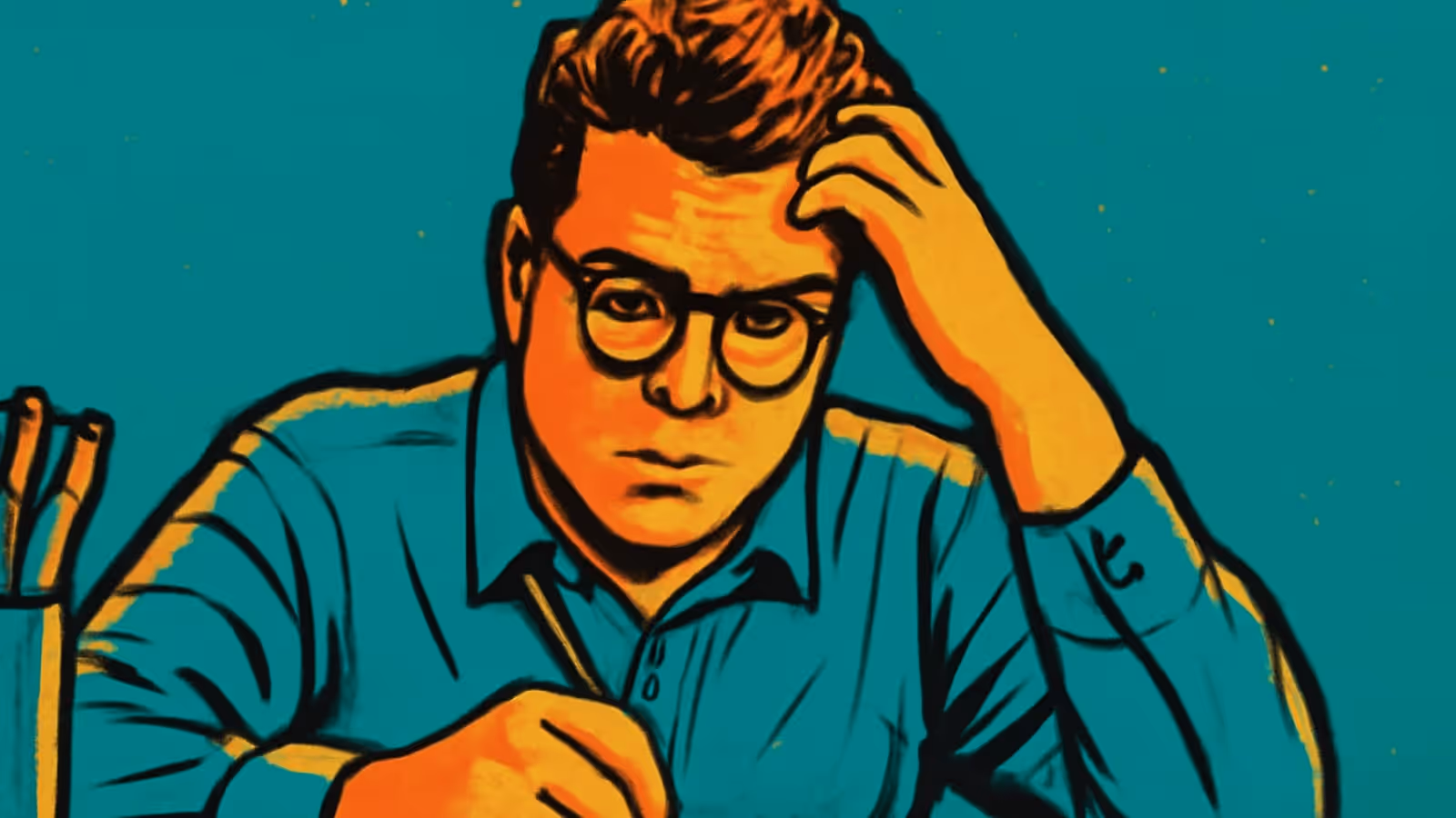 Pop-art illustration of a man in glasses sitting at a desk with one hand in his hair, holding a pen over a page.