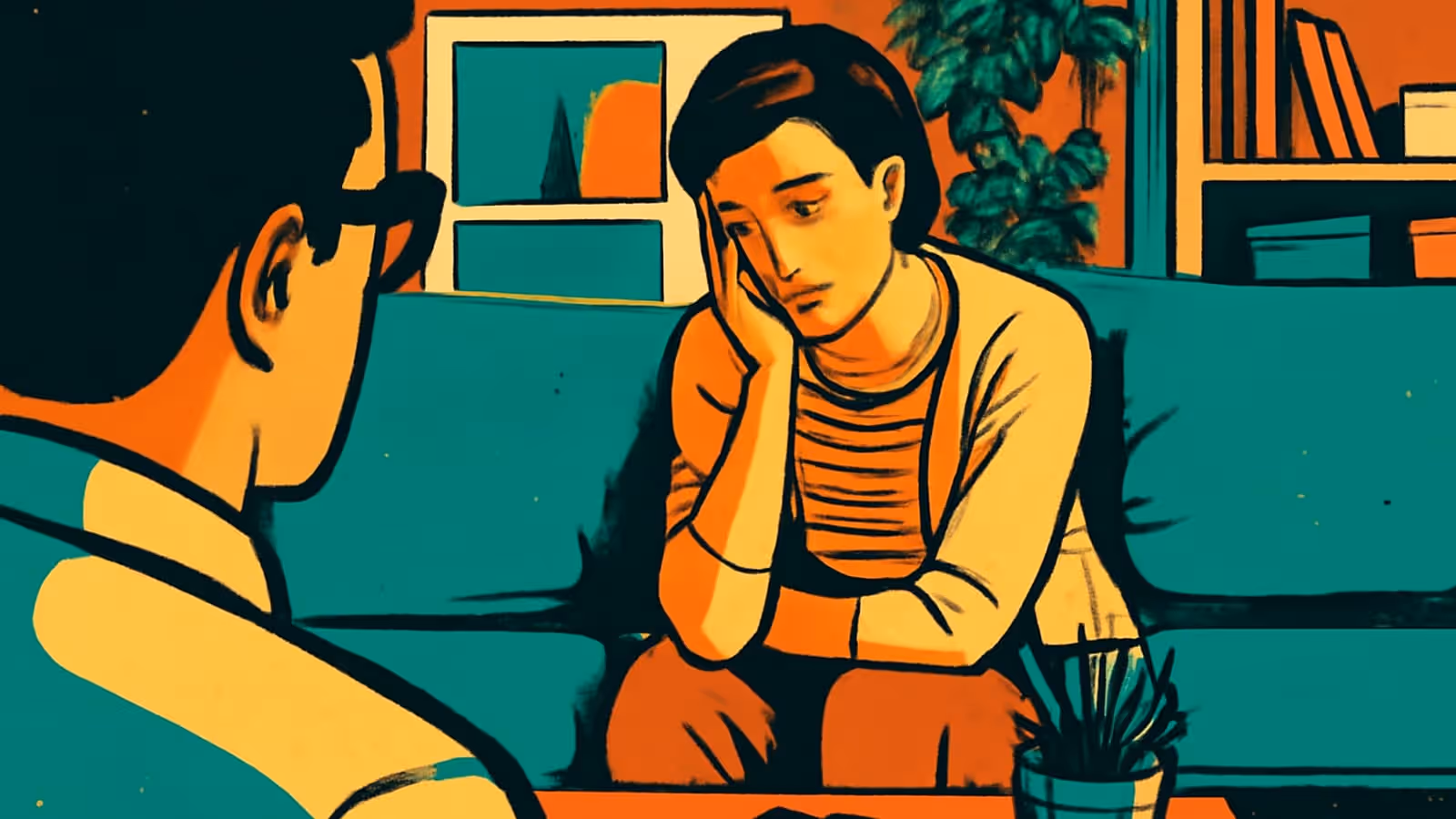 Pop-art illustration of a person sitting on a sofa with their head resting on one hand, facing another person seen from behind in the foreground.