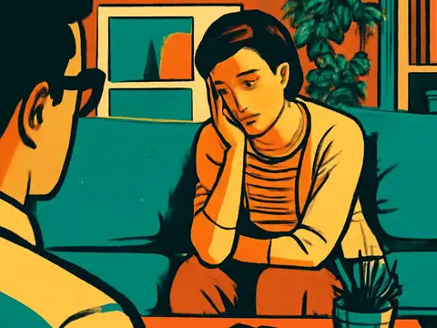 Pop-art illustration of a person sitting on a sofa with their head resting on one hand, facing another person seen from behind in the foreground.