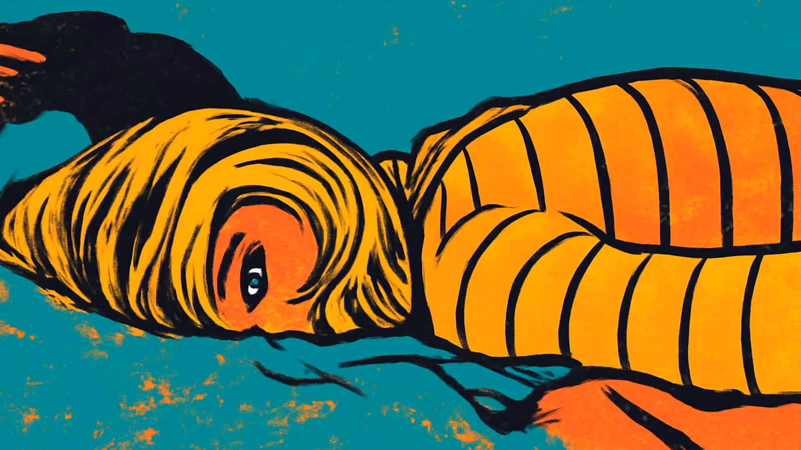 Ilustração em pop-art de uma pessoa com cabelo dourado deitada de lado contra um fundo verde-água, com um olho aberto olhando para fora, vestindo uma blusa listrada laranja.
