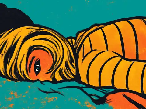 Pop-art illustration of a person with golden hair lying on their side against a teal background, one open eye looking out, wearing an orange striped top.