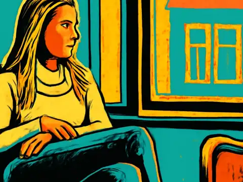 Pop-art illustration of a person sitting in an armchair looking to one side, with a framed picture on the wall behind them.