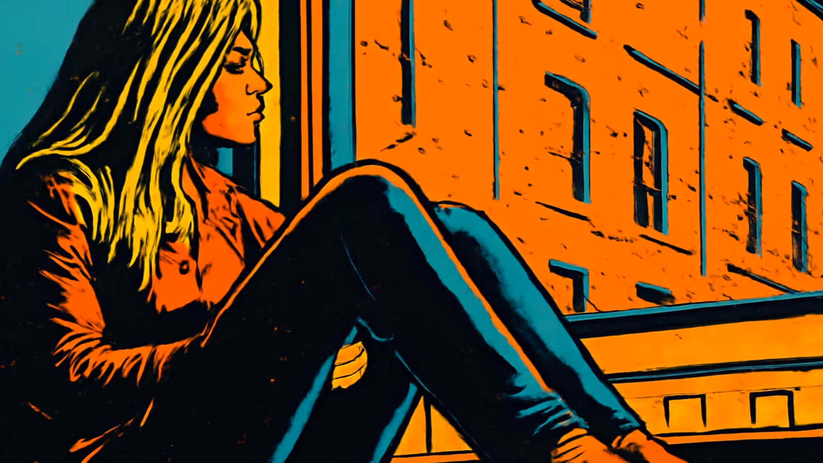 Pop-art illustration of a woman sitting on a window ledge with her knees drawn up, looking out towards a building opposite.
