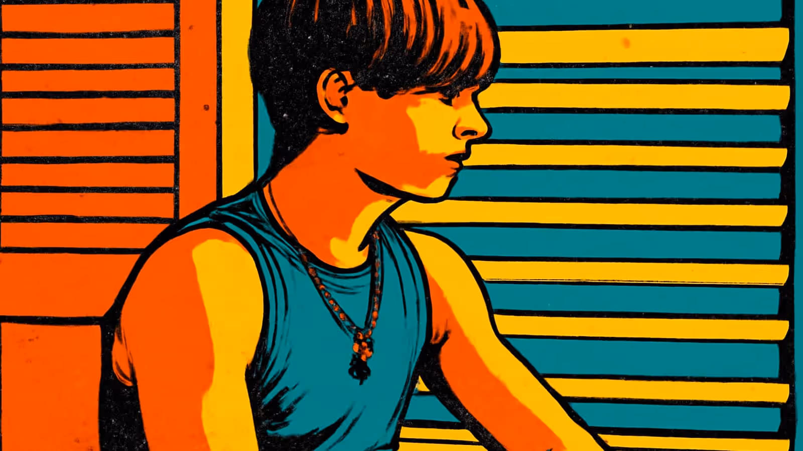 Ilustración de pop-art de una persona con una camiseta sin mangas sentada de perfil, mirando hacia abajo y hacia un lado, contra franjas horizontales en naranja y verde azulado.