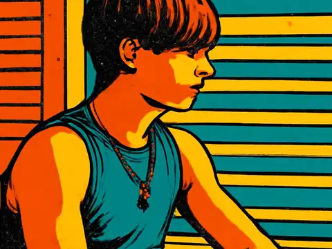 Pop-art illustration of a person in a vest top sitting in profile, looking down and away, against bold orange and teal horizontal stripes.