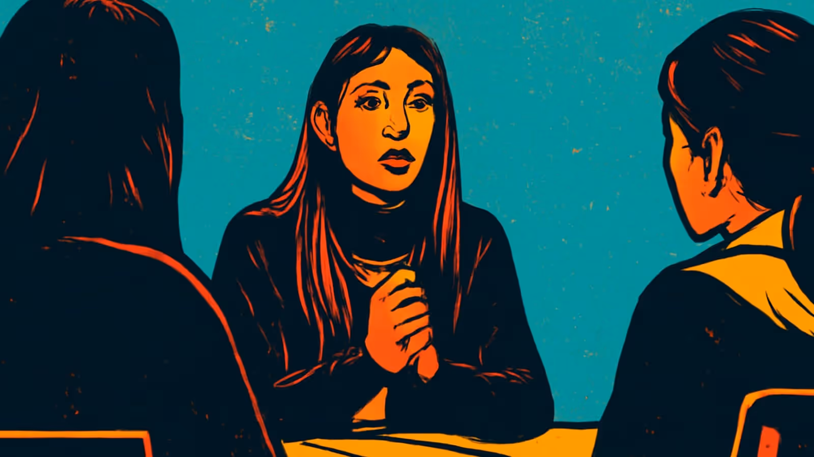 Ilustración de pop-art de una persona con cabello largo sentada en una mesa con las manos entrelazadas, frente a otras dos personas que se ven desde atrás, contra un fondo plano color teal.