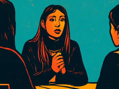 Pop-art illustration of a person with long hair sitting at a table with hands clasped, facing two others who are seen from behind, against a flat teal background.