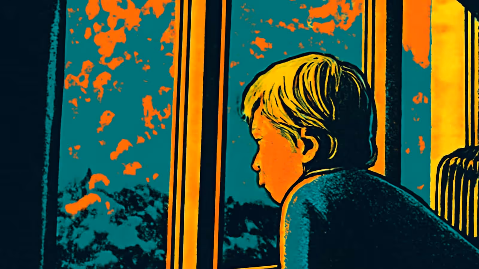 Pop-art illustration of a young child seen in profile, looking out through a window at trees.