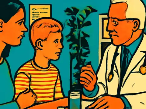 Flat pop-art illustration in orange, teal and yellow. An adult and a child in a striped top sit on one side of a desk facing a person in a white coat with a stethoscope, who is speaking to them, with a plant between them.