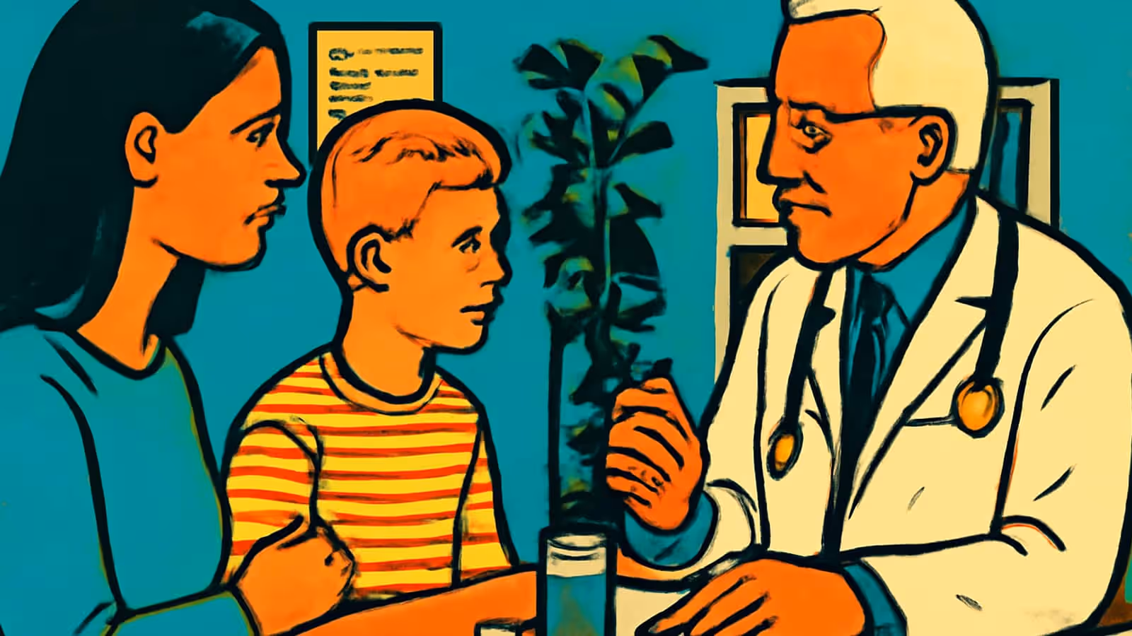 Flat pop-art illustration in orange, teal and yellow. An adult and a child in a striped top sit on one side of a desk facing a person in a white coat with a stethoscope, who is speaking to them, with a plant between them.