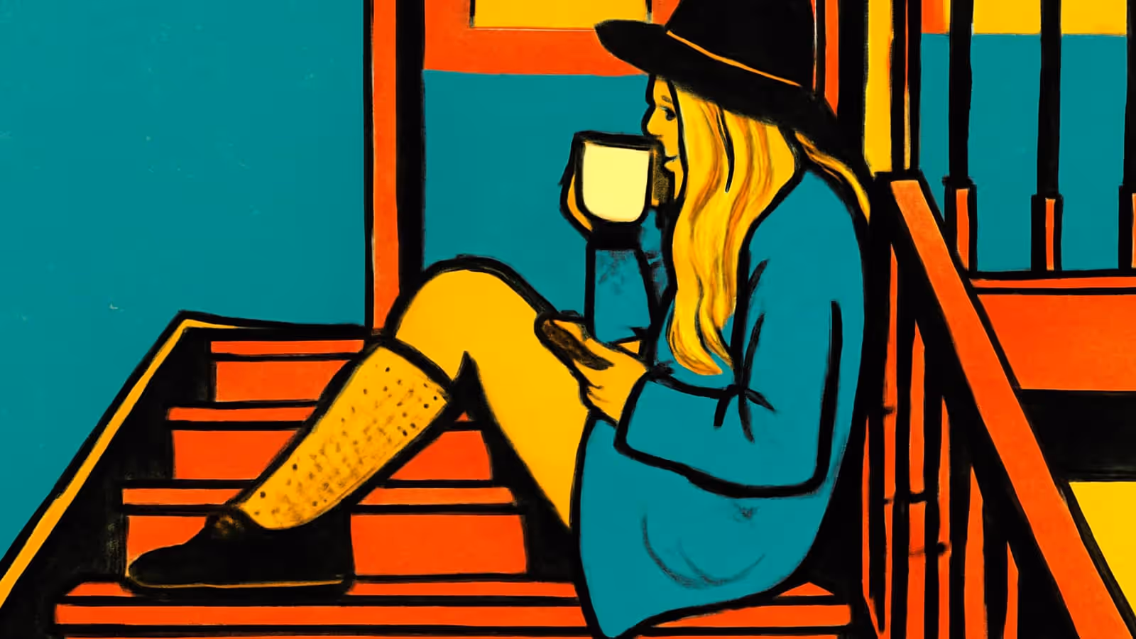 Pop-art illustration of a person in a wide-brimmed hat sitting on a staircase holding a mug, looking down and away.