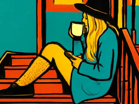 Pop-art illustration of a person in a wide-brimmed hat sitting on a staircase holding a mug, looking down and away.
