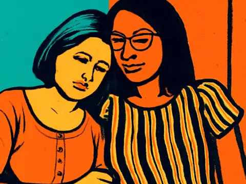 Pop-art illustration of two people sitting close together, one resting their head against the other, both looking down.