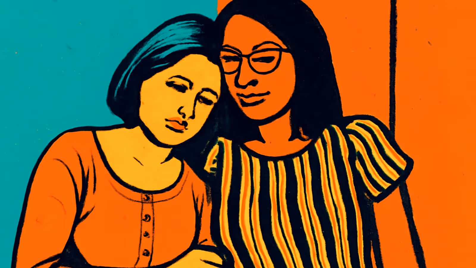 Pop-art illustration of two people sitting close together, one resting their head against the other, both looking down.