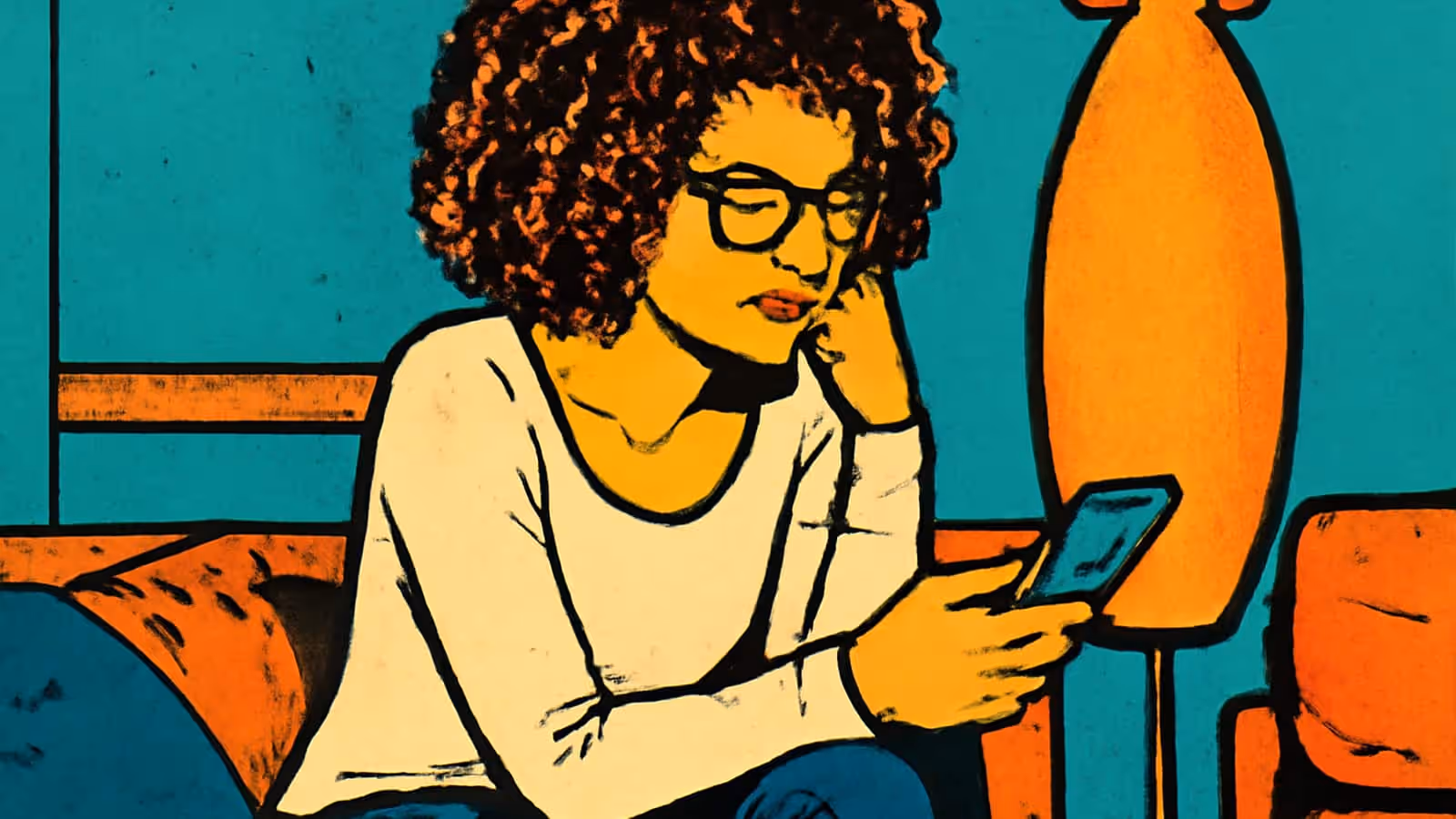 Pop-art illustration of a person sitting on a sofa looking down at a phone in their hand, chin resting on the other hand.