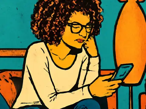 Pop-art illustration of a person sitting on a sofa looking down at a phone in their hand, chin resting on the other hand.