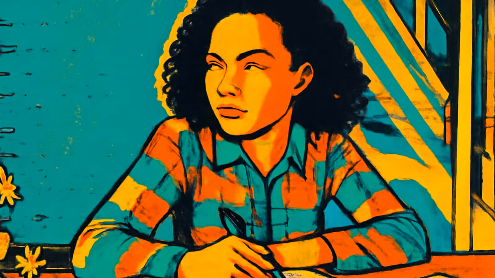 A woman sitting at a table holding a pen and looking away in thought, rendered as a flat orange, yellow and teal illustration.